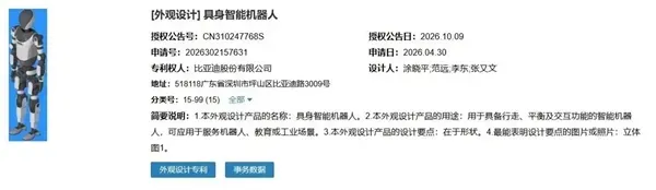 比亚迪人形机器人外观专利曝光:黑白简约造型 代号“小迪”